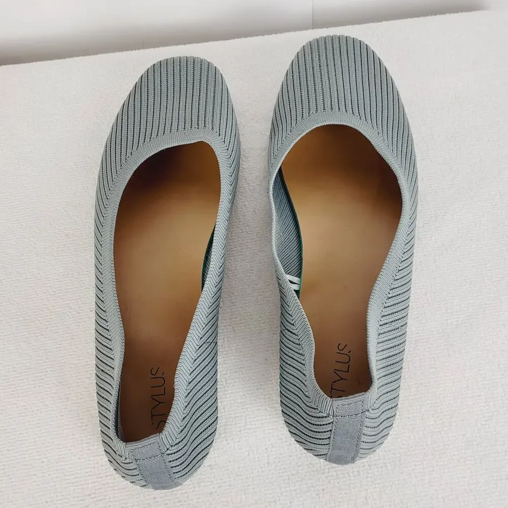 Stylus Womens Franco Grey Square Toe Ribbed Fabric Slip On Flats Size 10